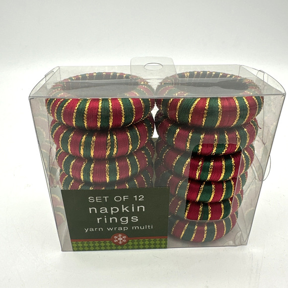 Red Yarn Wrap Red Green & Gold Christmas Napkin Rings Set of 12 - Picture 1 of 3